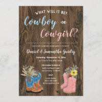 Cowboy/Cowgirl Bootie Dark Wood Gender Reveal Invitation