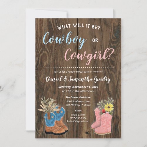 CowboyCowgirl Bootie Dark Wood Gender Reveal Invitation