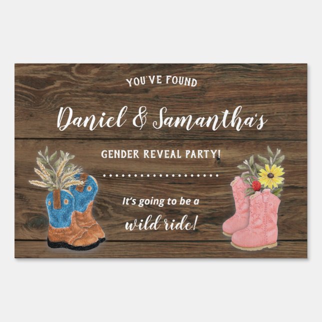 Cowboy/Cowgirl Bootie Dark Wood Gender Reveal Sign (Front)