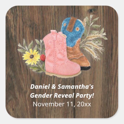 CowboyCowgirl Bootie Dark Wood Gender Reveal Square Sticker