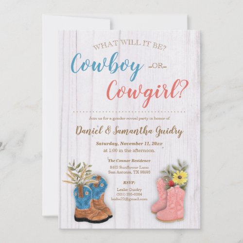 CowboyCowgirl Bootie Gender Reveal Invitation