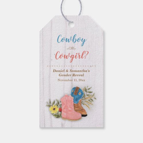 CowboyCowgirl Bootie White Wood Gender Reveal Gift Tags