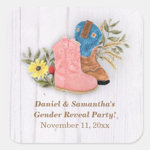 CowboyCowgirl Bootie White Wood Gender Reveal Square Sticker