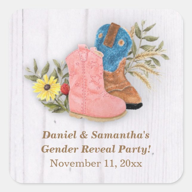 Cowboy/Cowgirl Bootie White Wood Gender Reveal Square Sticker (Front)