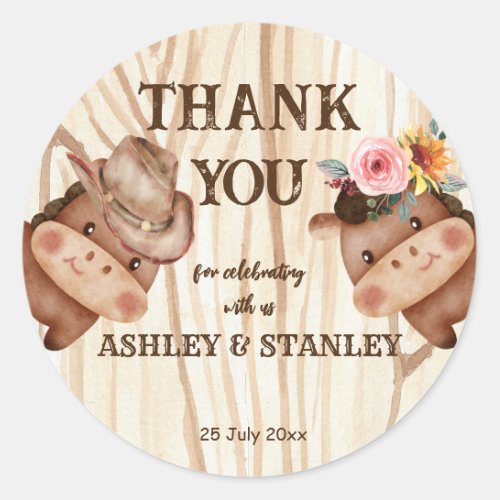 Cowboy cowgirl gender reveal party classic round sticker