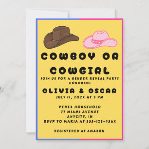 Cowboy Cowgirl Gender Reveal Party Invitation