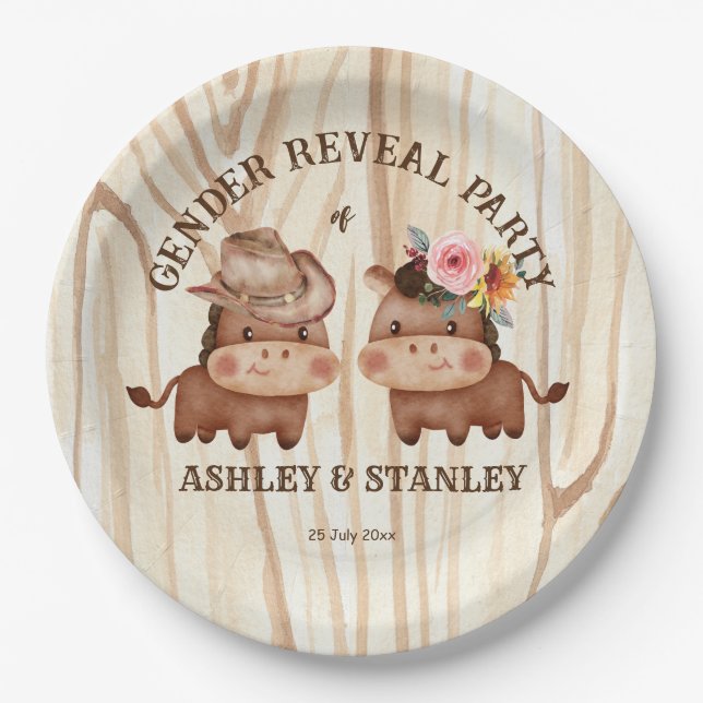 Cowboy cowgirl gender reveal party  paper plates (Front)