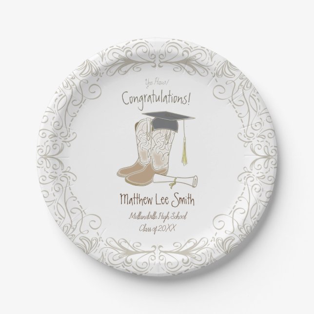 Cowboy Cowgirl Graduation Country Western Party Paper Plates (Front)