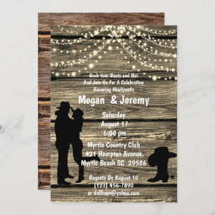 Cowboy Cowgirl Hug Wood String Light Reception Invitation
