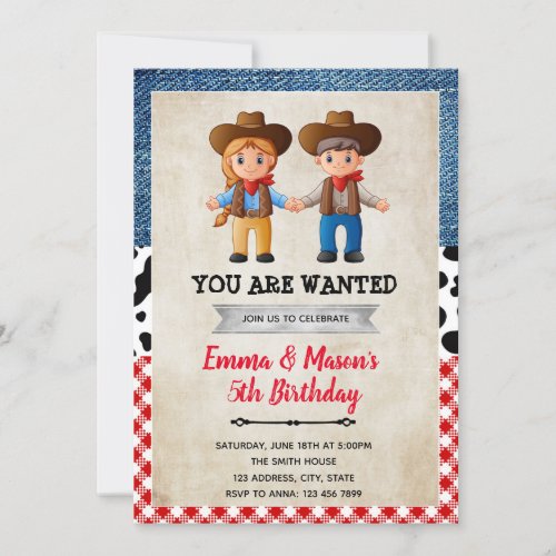 Cowboy cowgirl joint birthday party invitation