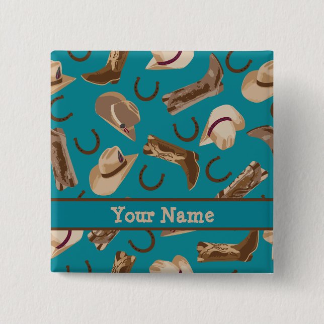 Cowboy Cowgirl Teal Western Boots Hat Name Badge Button (Front)