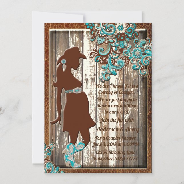 Cowboy Cowgirl Turquoise Brown Couples Baby Shower Invitation (Front)