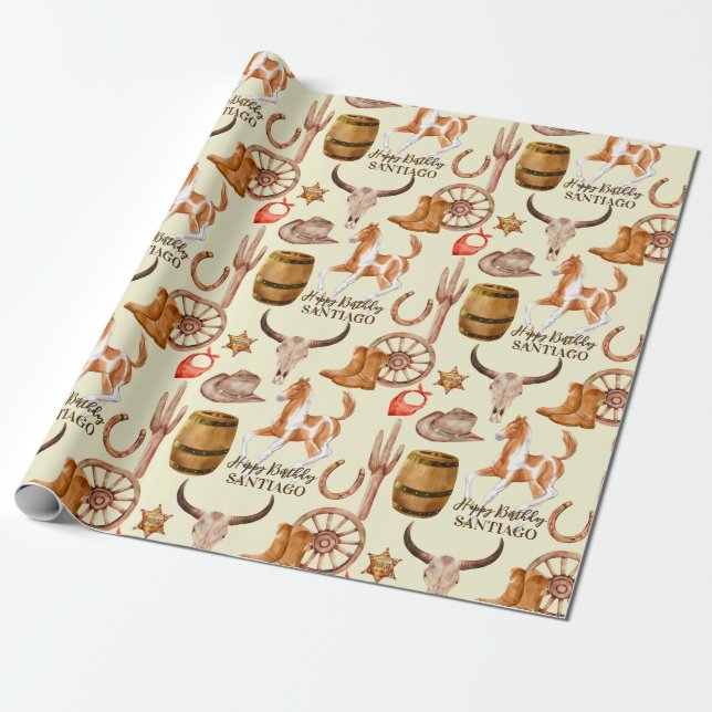 Cowboy cowgirl western horse personalized name wrapping paper (Unrolled)