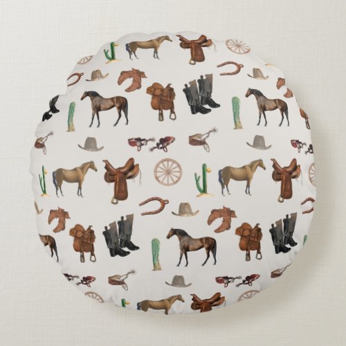 Cowboy Cowgirl Western Rodeo Country Pattern Round Pillow