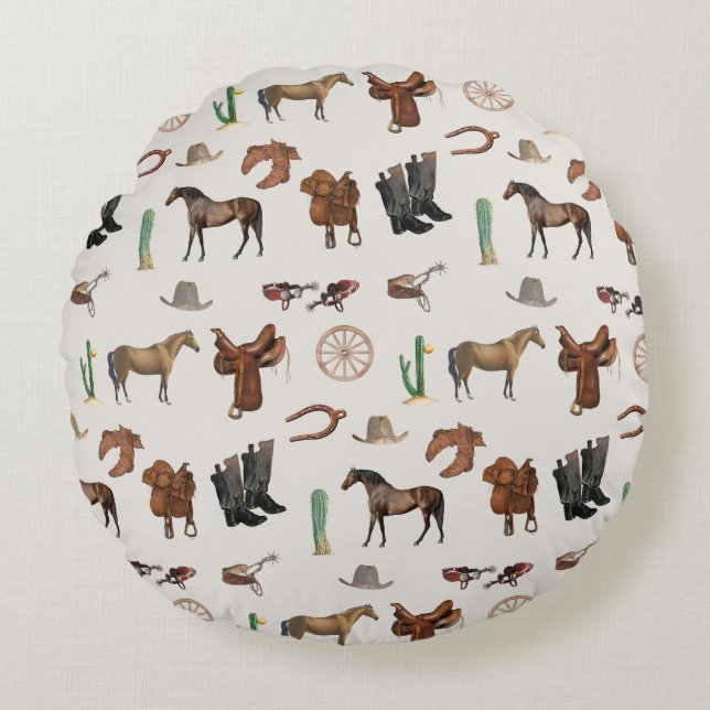 Cowboy Cowgirl Western Rodeo Country Pattern Round Pillow (Front)