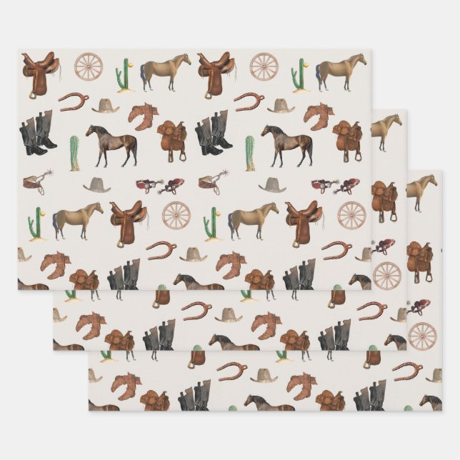 Cowboy Cowgirl Western Rodeo Country Pattern Wrapping Paper Sheets (Set)