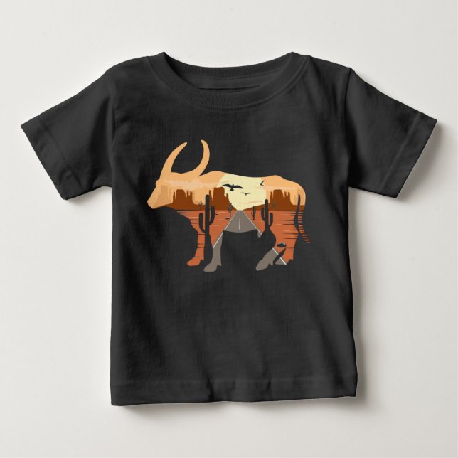 Cowboy Desert Sunrise Cattle Bull Cactus Baby T-Shirt (Front)