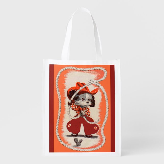 cowboy dog print reusable grocery bag (Front)