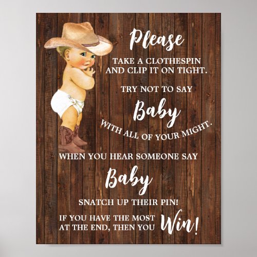 Cowboy Dont say Baby Clothespin Baby Shower Game Poster