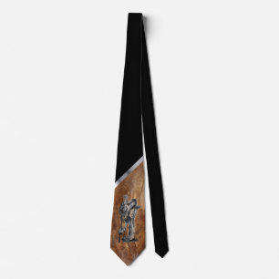 Cowboy drawing on black with brown cow hide neck tie