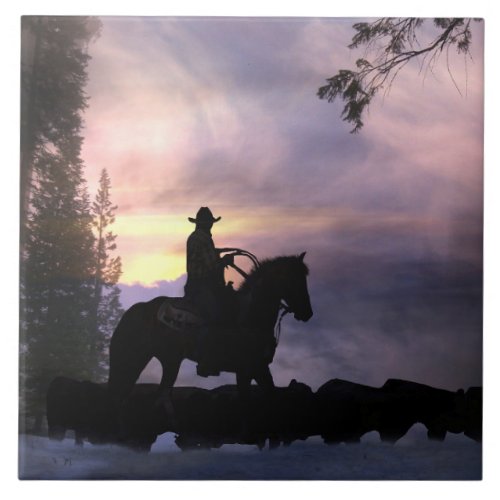 Cowboy Driving Cattle in the Snow Ceramic Tile