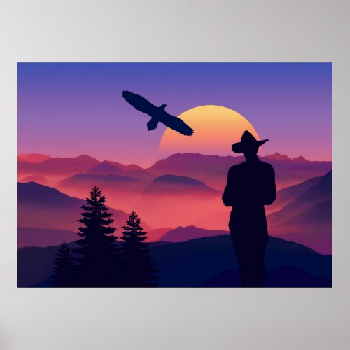 Cowboy Eagle And Rising Sun Wild West Poster