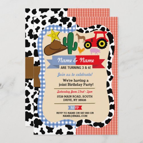 Cowboy  Farm Joint Boy Girl Birthday Animal Horse Invitation
