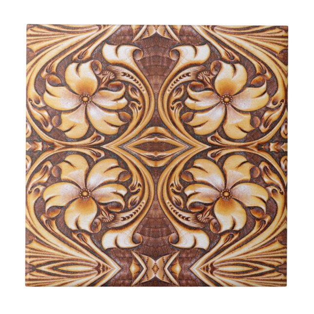 Cowboy Fashion Western Country Tooled Leather Ceramic Tile (Front)