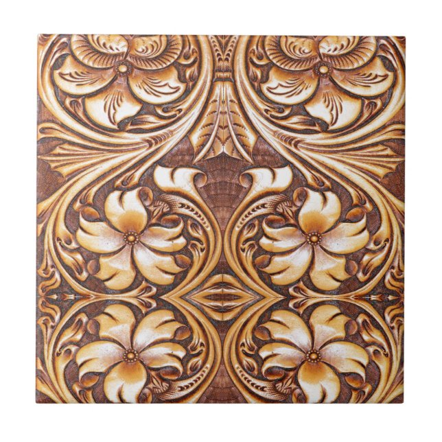 Cowboy Fashion Western Country Tooled Leather Ceramic Tile (Front)