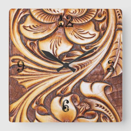 Cowboy Fashion Western Country Tooled Leather Square Wall Clock