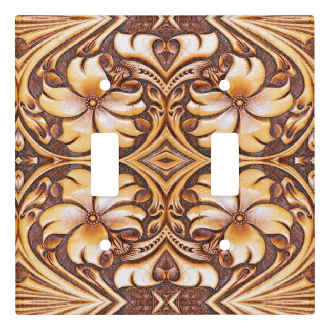 Cowboy Fashion Western Country Tooled Leather Tile Light Switch Cover (Front)