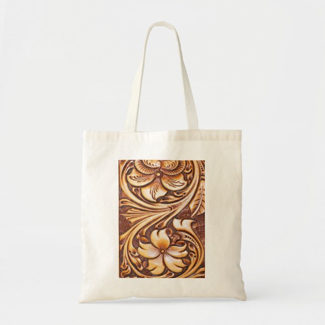 Cowboy Fashion Western Country Tooled Leather Tote Bag (Front)
