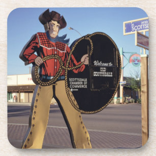 Cowboy figure sign welcoming tourists to Scottsdal Beverage Coaster
