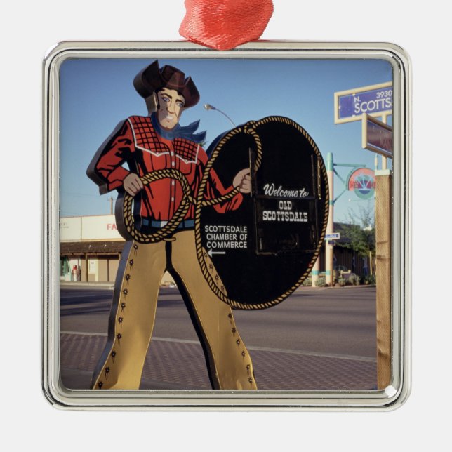 Cowboy figure sign welcoming tourists to Scottsdal Metal Ornament (Front)