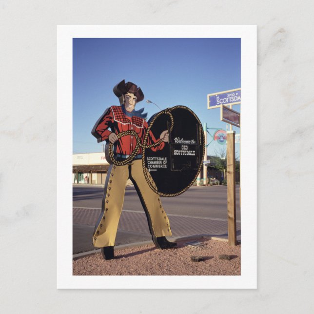 Cowboy figure sign welcoming tourists to Scottsdal Postcard (Front)