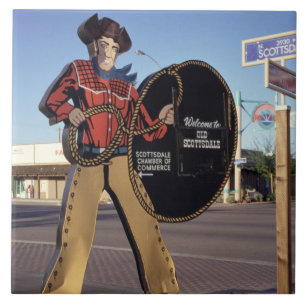 Cowboy figure sign welcoming tourists to Scottsdal Tile