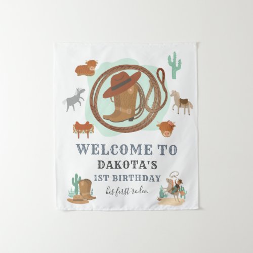 Cowboy First Birthday Party Welcome Tapestry
