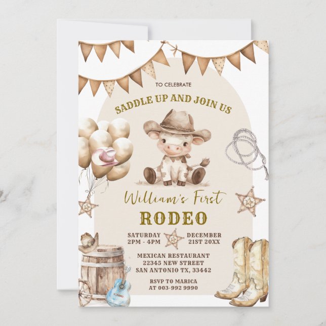 Cowboy First Rodeo Balloons Birthday Invitation (Front)