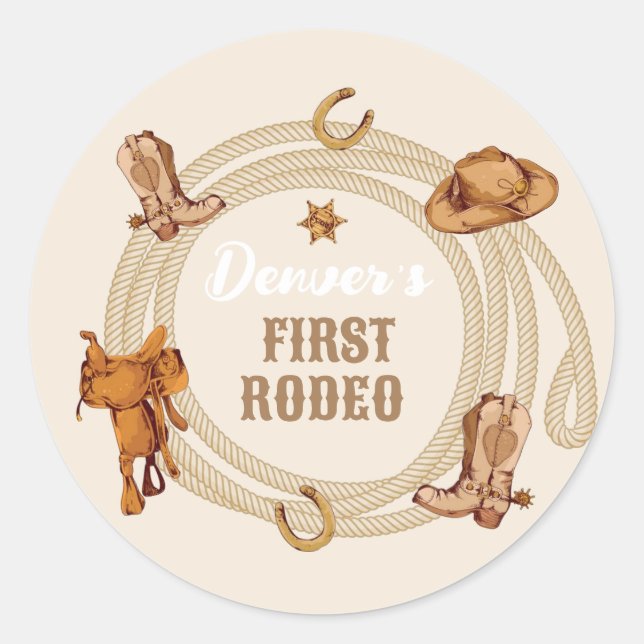 Cowboy First Rodeo Birthday Gender Neutral Classic Round Sticker (Front)