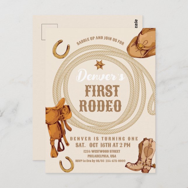 Cowboy First Rodeo Birthday Invite Gender Neutral (Front/Back)