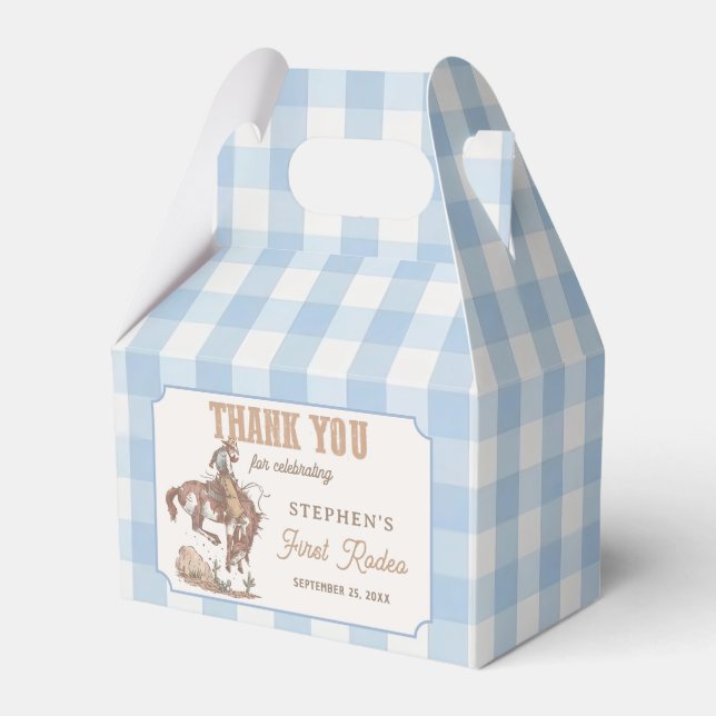 Cowboy First Rodeo Blue Gingham Favor Box (Front Side)
