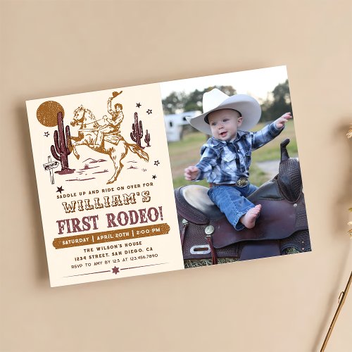 Cowboy First Rodeo Western Birthday Photo Invitation