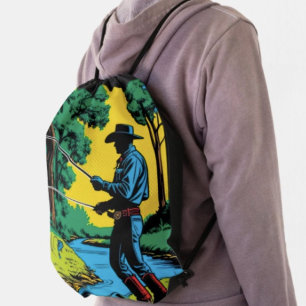 Cowboy Fisherman on Riverbank Drawstring Bag