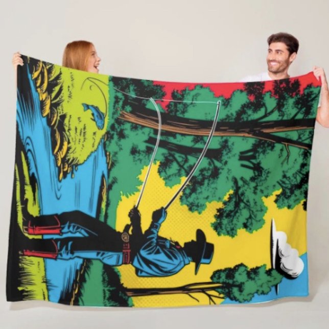 Cowboy Fisherman on Riverbank  Fleece Blanket (Retro Cowboy Fishing Riverside Scene blanket - soft and colourful available  in 3 different sizes. )