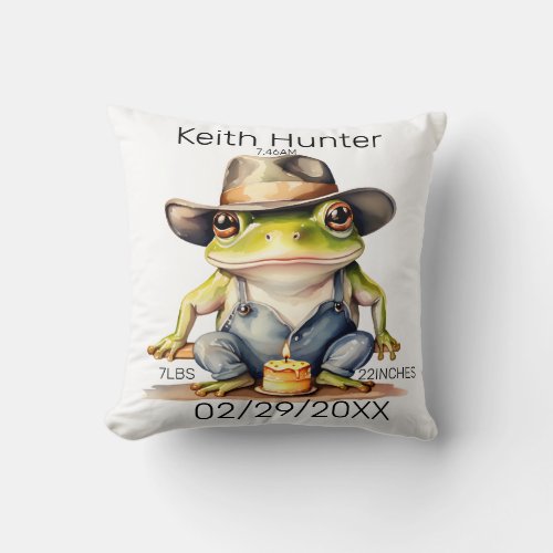 Cowboy Frog Birth Announcement stats Throw Pillow
