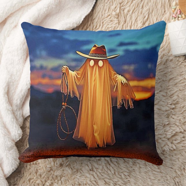 Cowboy Ghost at Sunset Design Throw Pillow (Blanket)