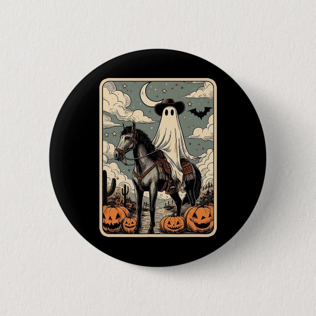 Cowboy Ghost Riding Horse Funny Tarot Card Hallowe Button (Front)