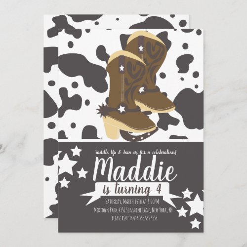 Cowboy Girl Birthday Cow Print  Brown Invitation