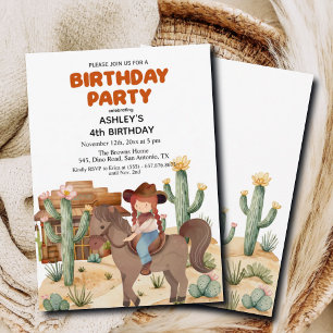 Cowboy Girl on Horse 4th Birthday Party Invitation