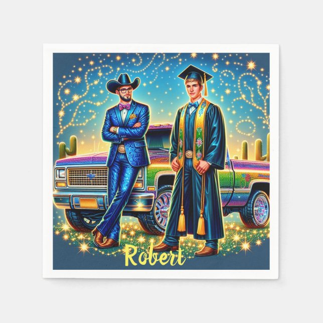 Cowboy Graduation Guy With Pickup Truck Custom Napkins (Front)